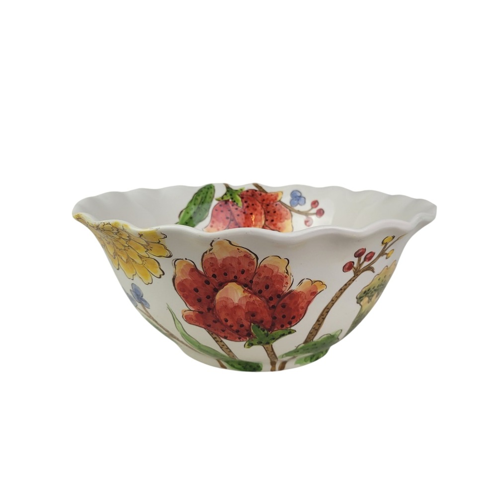 Maxcera Mum Florals Large Ceramic Serving Bowl Scalloped Edge 12 Inch White Red‎